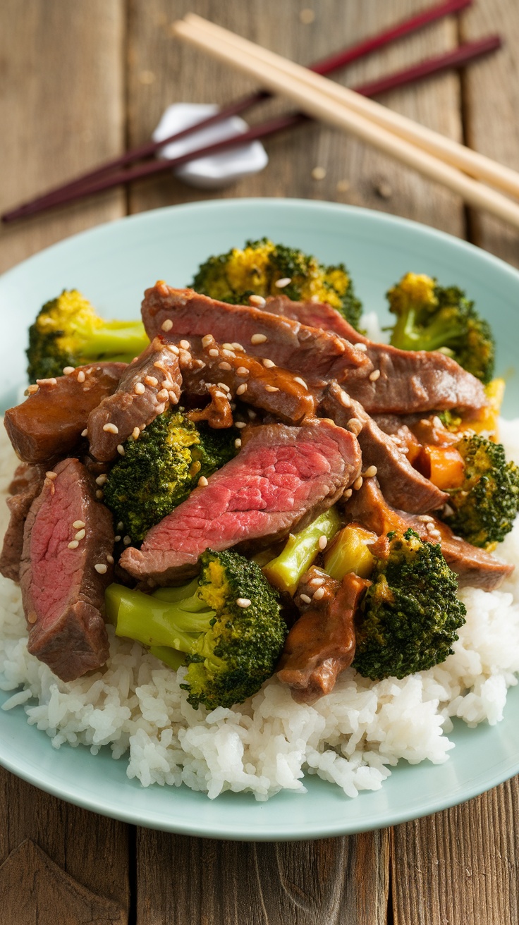 A colorful beef and broccoli stir-fry served over rice, garnished with sesame seeds on a wooden table.